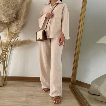 Solid Color Long Sleeve Lapel Blouse And Wide Leg Pants Two Pieces Suit
