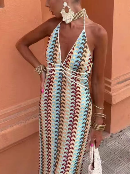 Crochet Printed Spaghetti Strap Maxi Dress