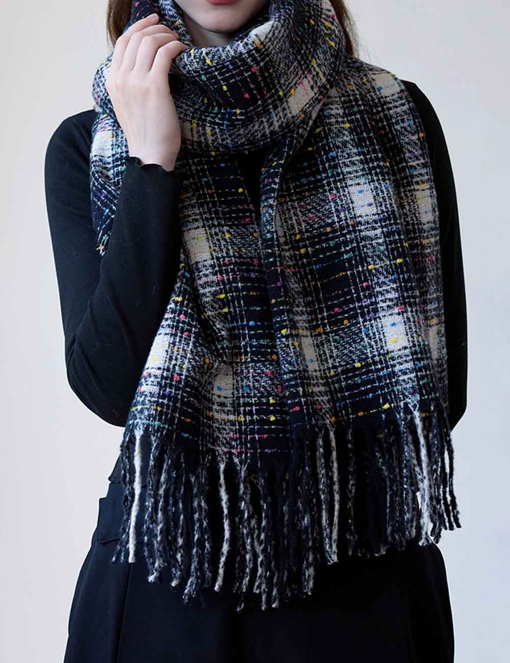 Sparkling Multi-Color Dots Plaid Fringe Scarf