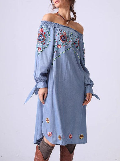 Flower Embroidered Off Shoulder Midi Dress