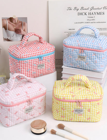 Sweet Color Block Plaid Bow Make Up Bag