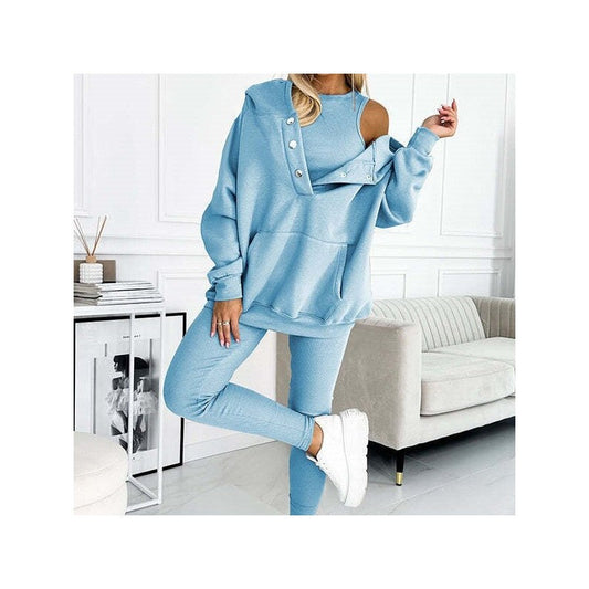 3-Piece Set- Leisure Hoodie, Thick Ribbed Vest, And Pants