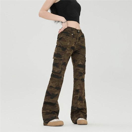 Slim Camouflage Cargo Flared Pants