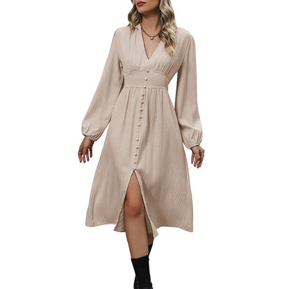 Solid Color Long Sleeves Front Slit A-Line Dress