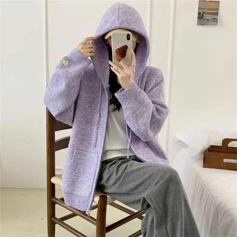 Hooded Zip-Front Knit Cardigan Women's Thickened Loose Fit Sweater