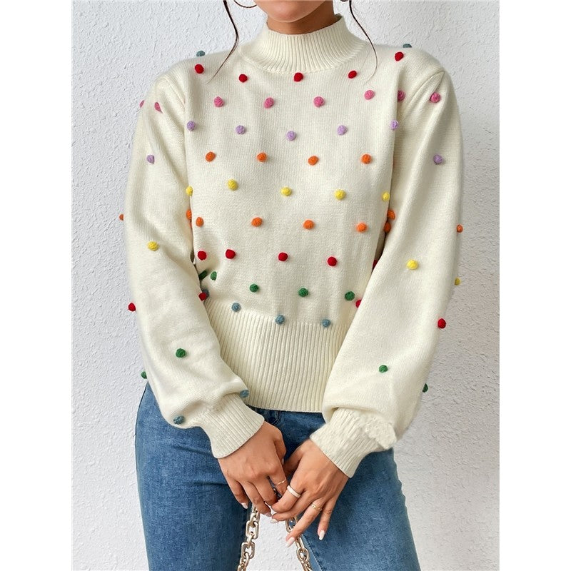 Long Sleeve Crewneck Colorful Balls Embellished Casual Knitted Sweater