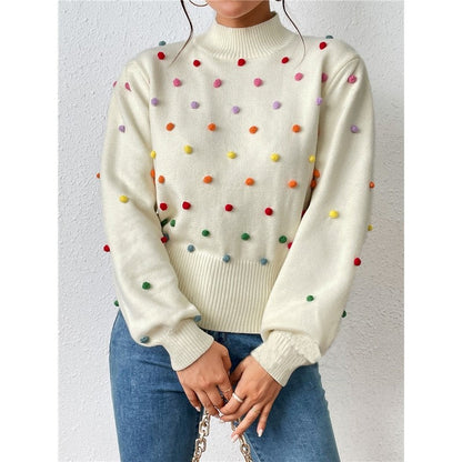 Long Sleeve Crewneck Colorful Balls Embellished Casual Knitted Sweater