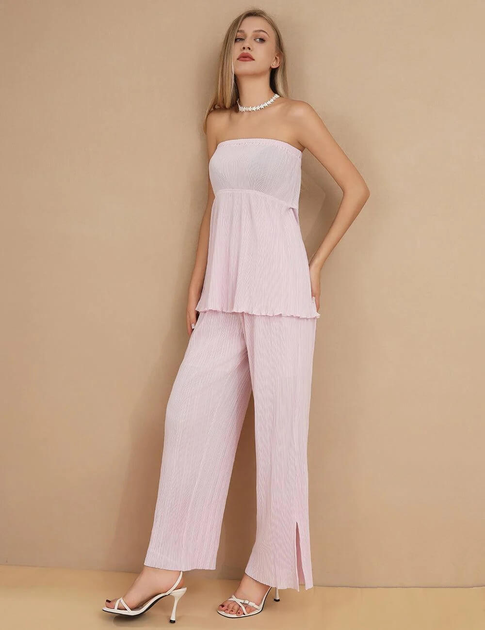 Flowy Strapless Top And Pants Sets