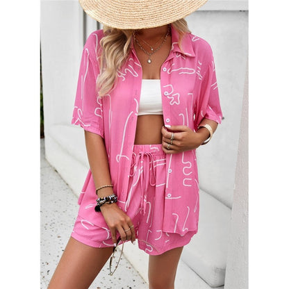 Printing Short Sleeve Lapel Buttoned Blouse And Shorts Two Pieces Suits