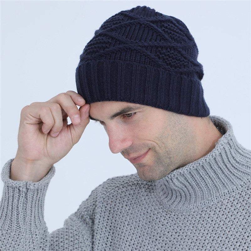 Men's Knitted Diamond Pattern Ear Warmer Hat