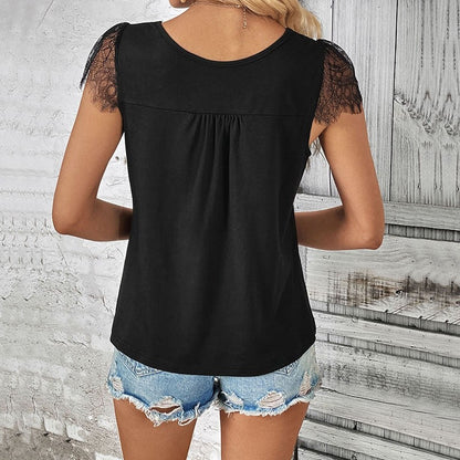 Short-Sleeve V-Neck Lace Black Blouse