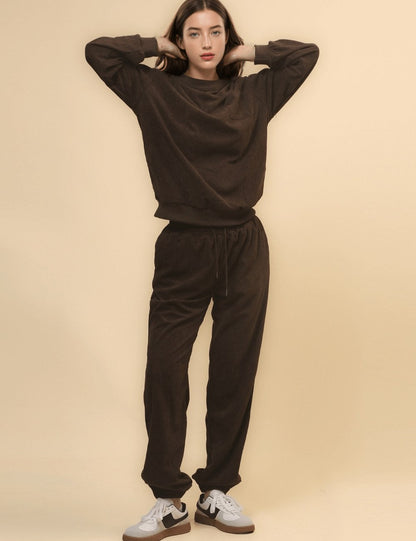 Solid Color Corduroy Casual Pullover Set