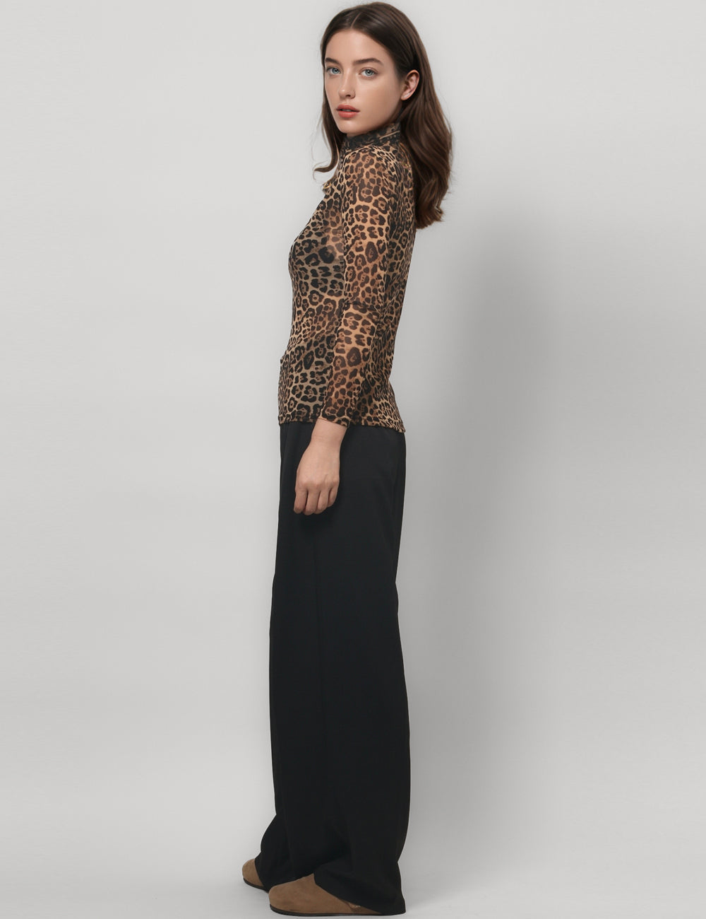 Leopard Print HIgh Collar Slim Fit Sexy Mesh Top