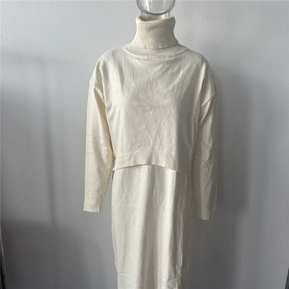 Solid Color High Neck Knit Sweater Wrap Skirt Set