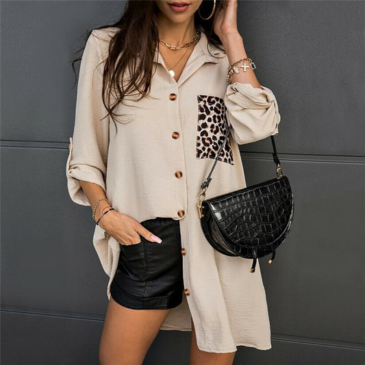 Casual Paneled Long Sleeve Leopard Print Blouse