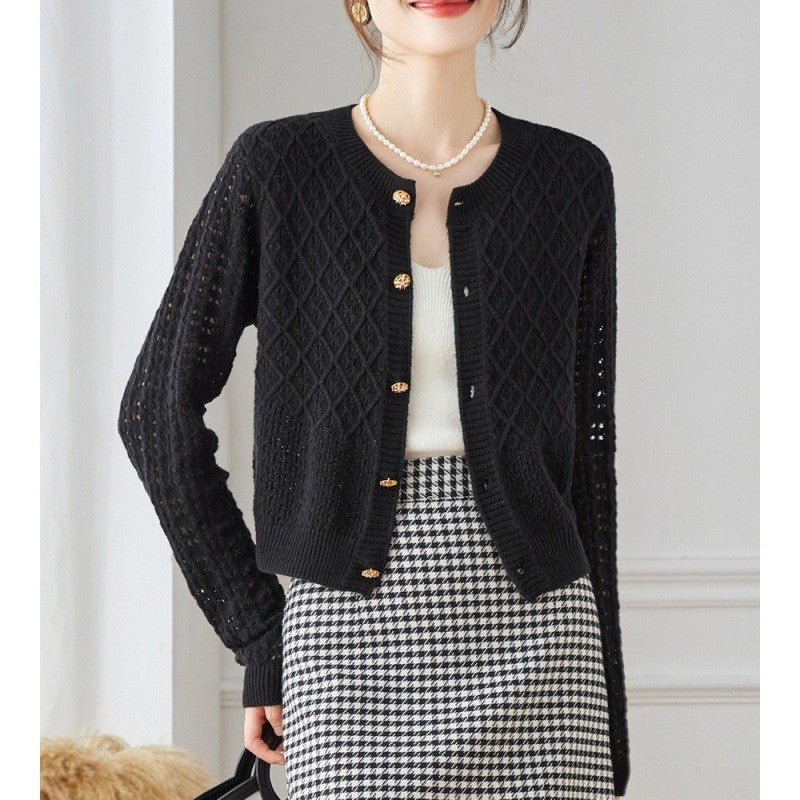 Round Neck Lace Mesh Knit Cardigan Sweater