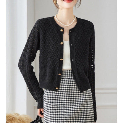 Round Neck Lace Mesh Knit Cardigan Sweater