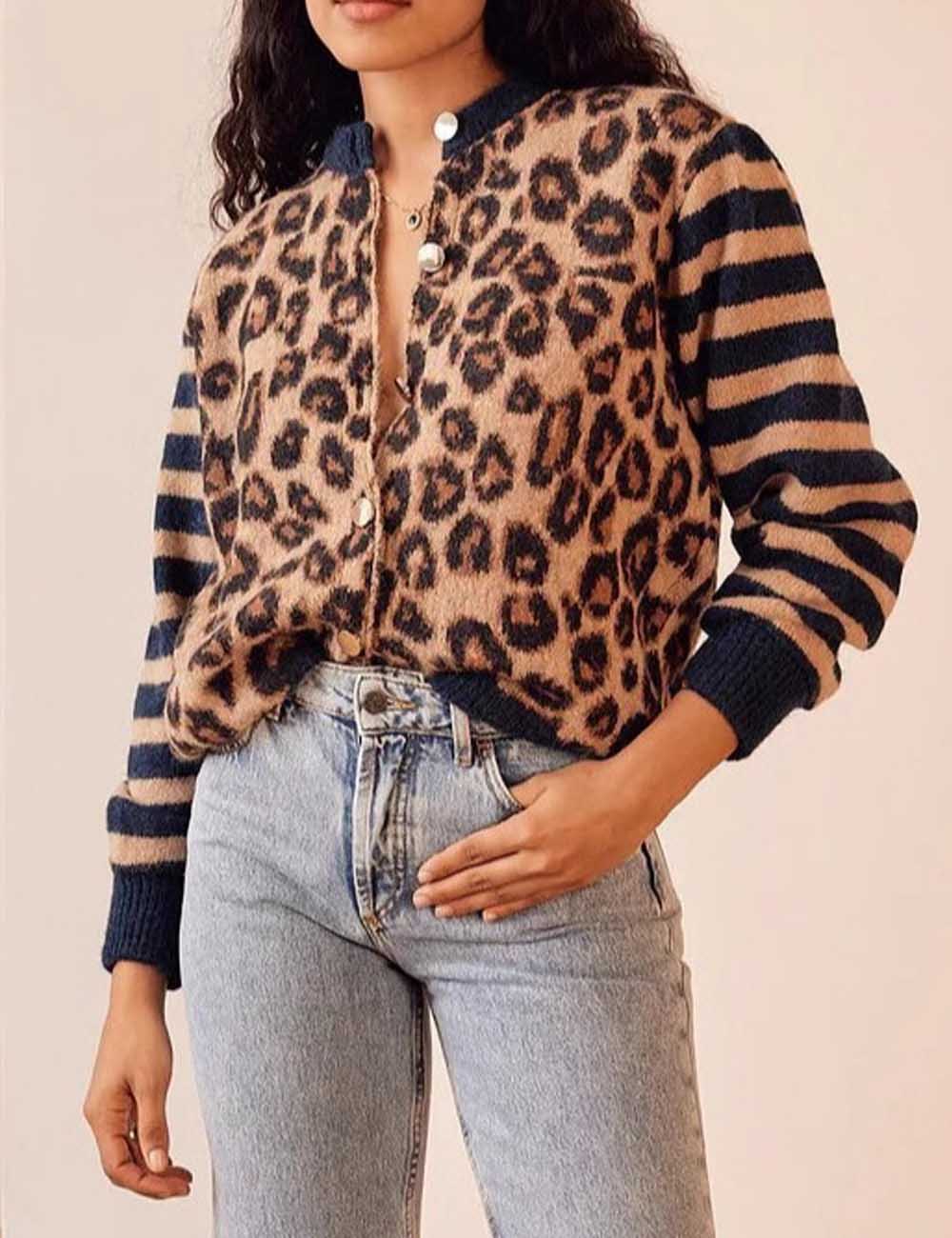 Vintage Round Neck Leopard Print Cardigan