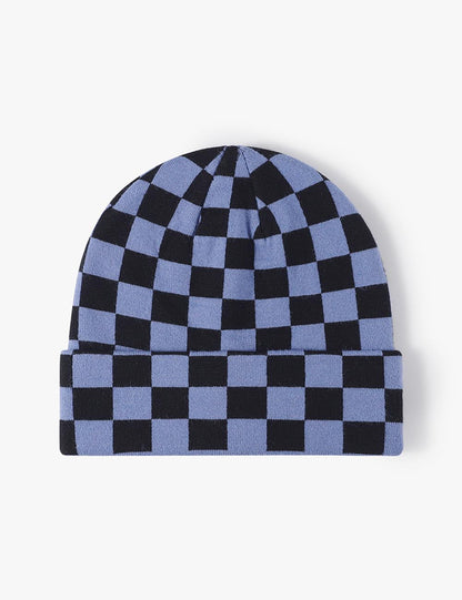 Color Contrast Checkered Knit Beanie Warm Hat