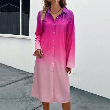 Loose Lapel Cardigan Buttoned Ombre Dress