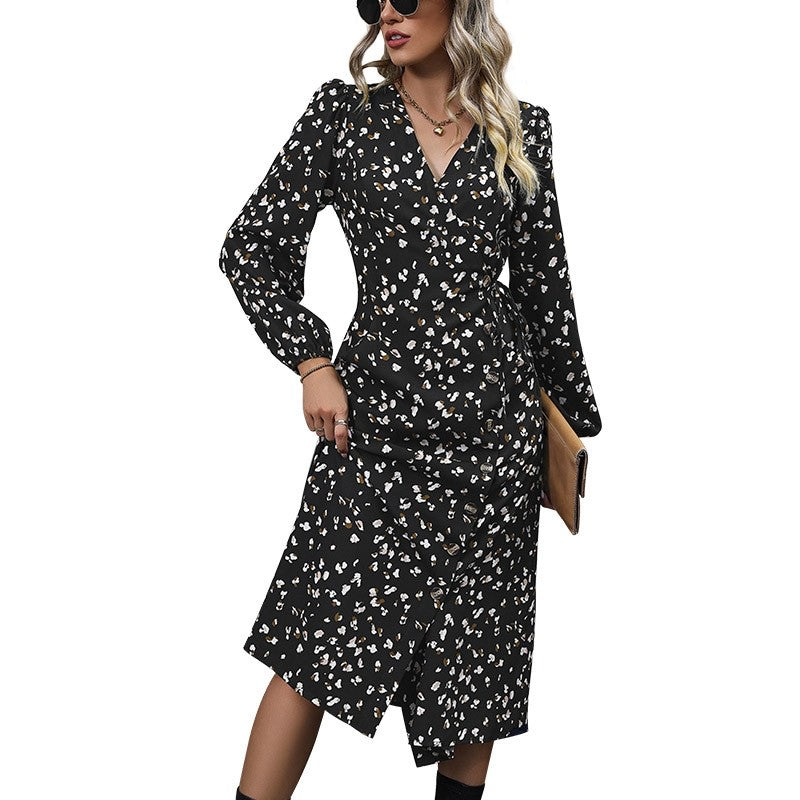 Black V-Neck Waisted Lantern Sleeve Printed Dress