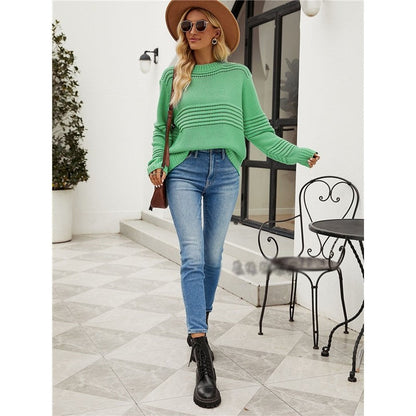 Solid Color Long Sleeve Crewneck Hollow Pullover Knitted Sweater