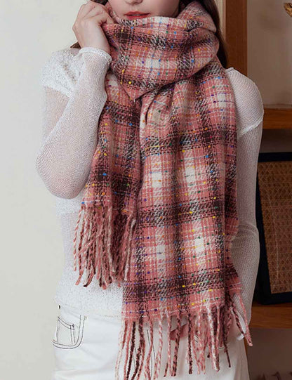 Sparkling Multi-Color Dots Plaid Fringe Scarf