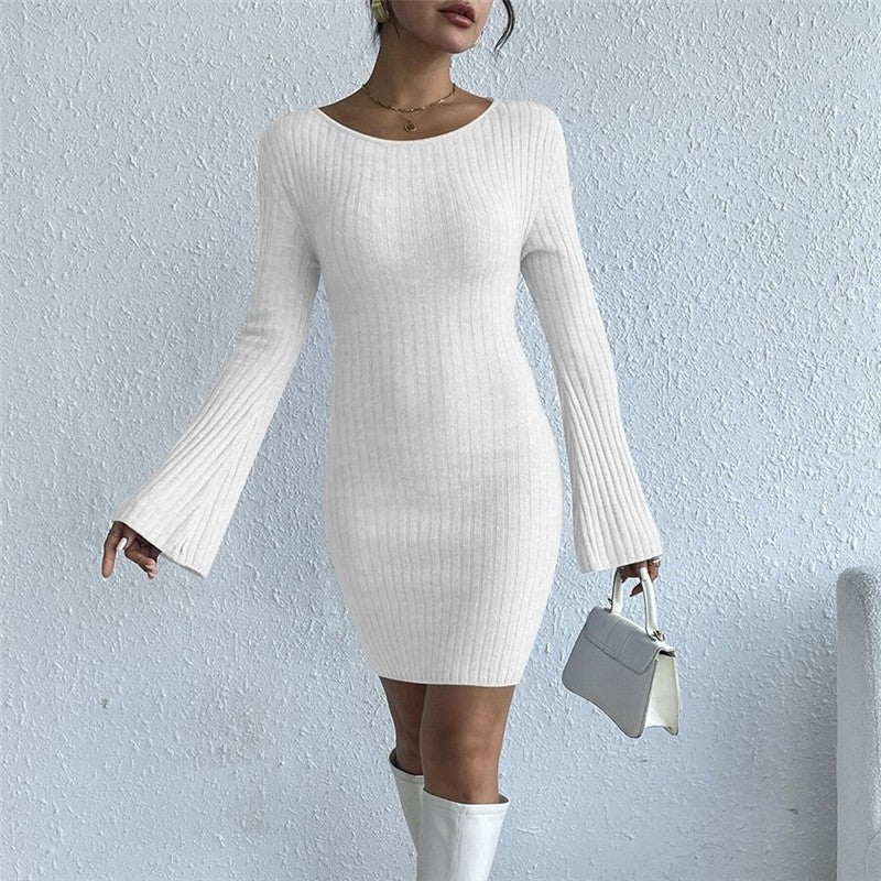 Sexy Backless Solid Color Flared Sleeve Fur Dress