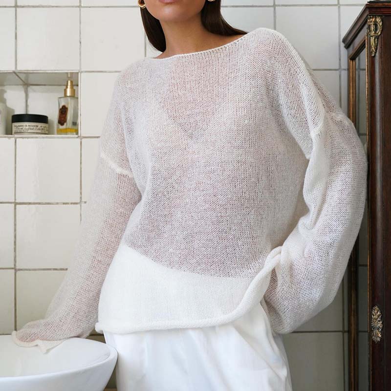 Minimalist Hollow Out Round Neck Sheer Knit Top