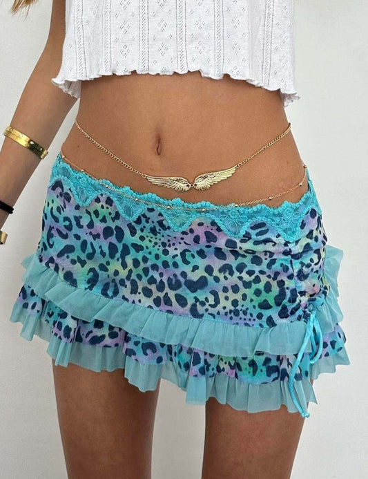 Splice Drawstring Leopard Sexy Mini Skirt