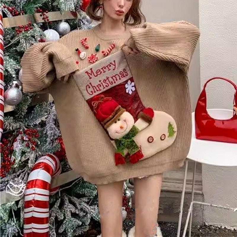 Christmas Red Knit Sweater Socks Snowman Doll