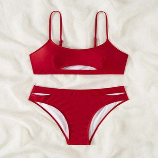 Solid Color Hollowed Out Bikini