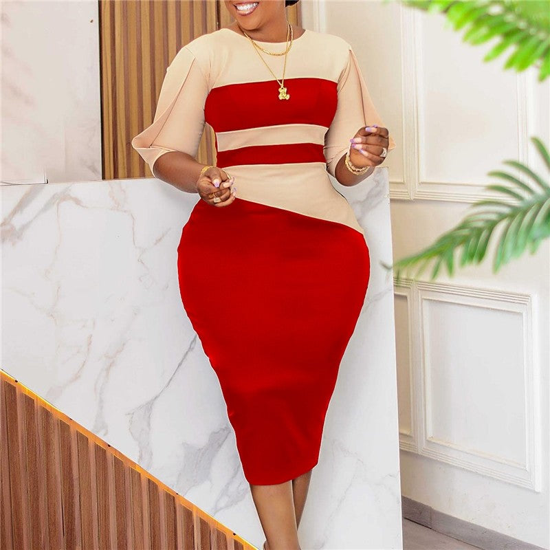 Plus Size OL Split Sleeve Colorblocking Hipster Dress