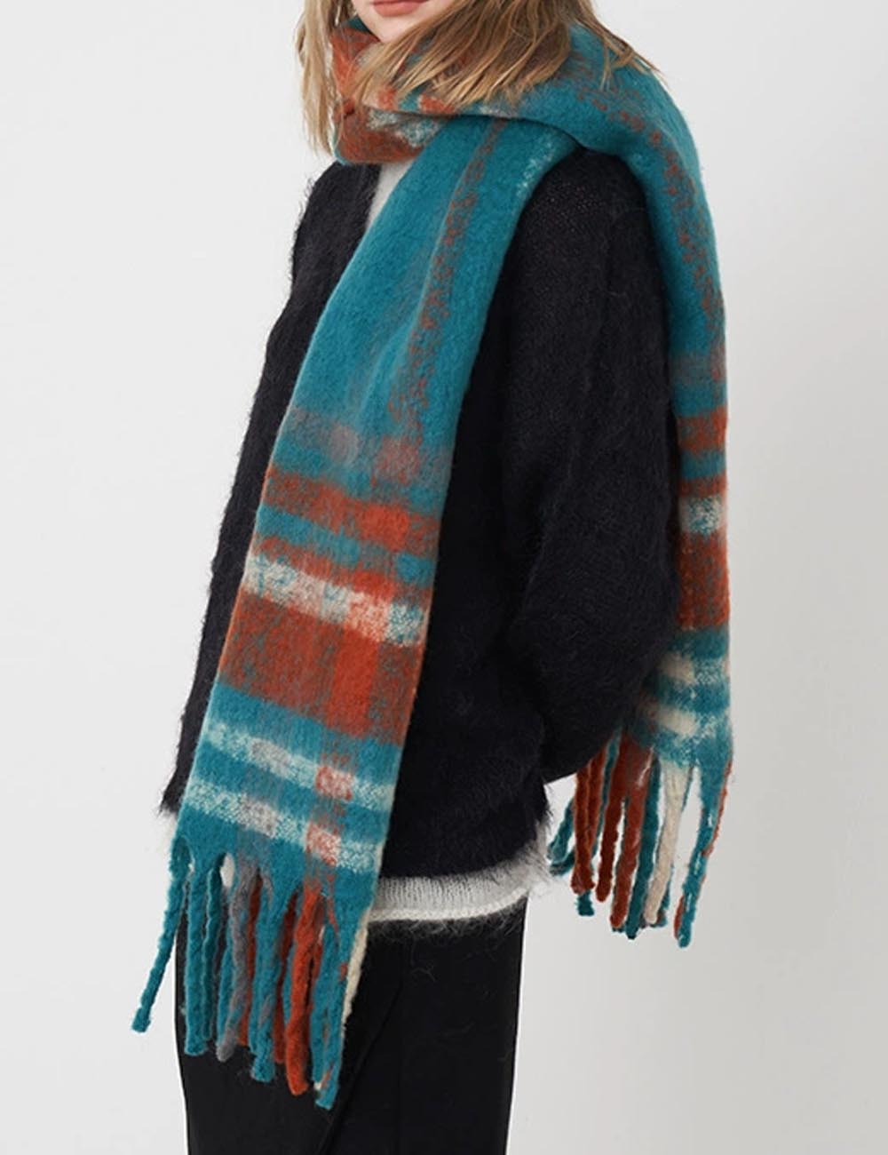 Soft Warm Faux Cashmere Plaid Tassel Scarf