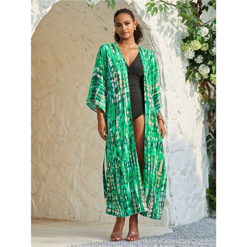 Long Sleeve Printing Waist Tied Casual Loose Long Cardigan Beach Bikini Cover-Up