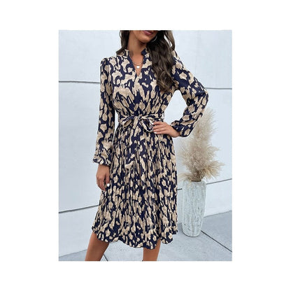 Pleated Printed Belted V-Neck Long-Sleeved Dress