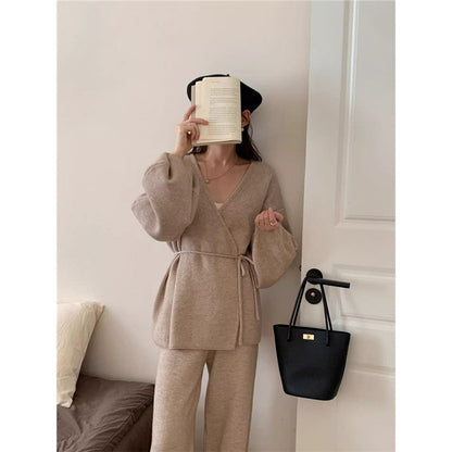 Knit Cardigan With Wide-Leg Pants Set American Retro Style Two-Piece