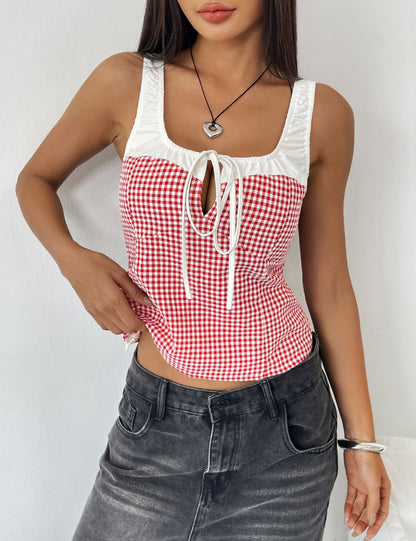 String Plaid Color Block Sleeveless Tank Tops