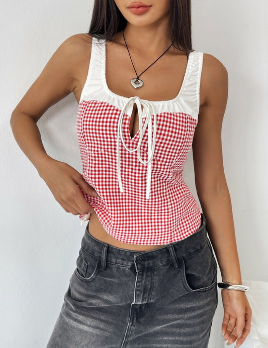 String Plaid Color Block Sleeveless Tank Tops