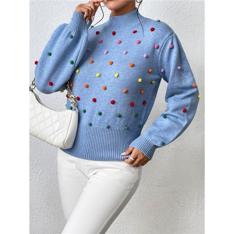 Long Sleeve Crewneck Colorful Balls Embellished Casual Knitted Sweater