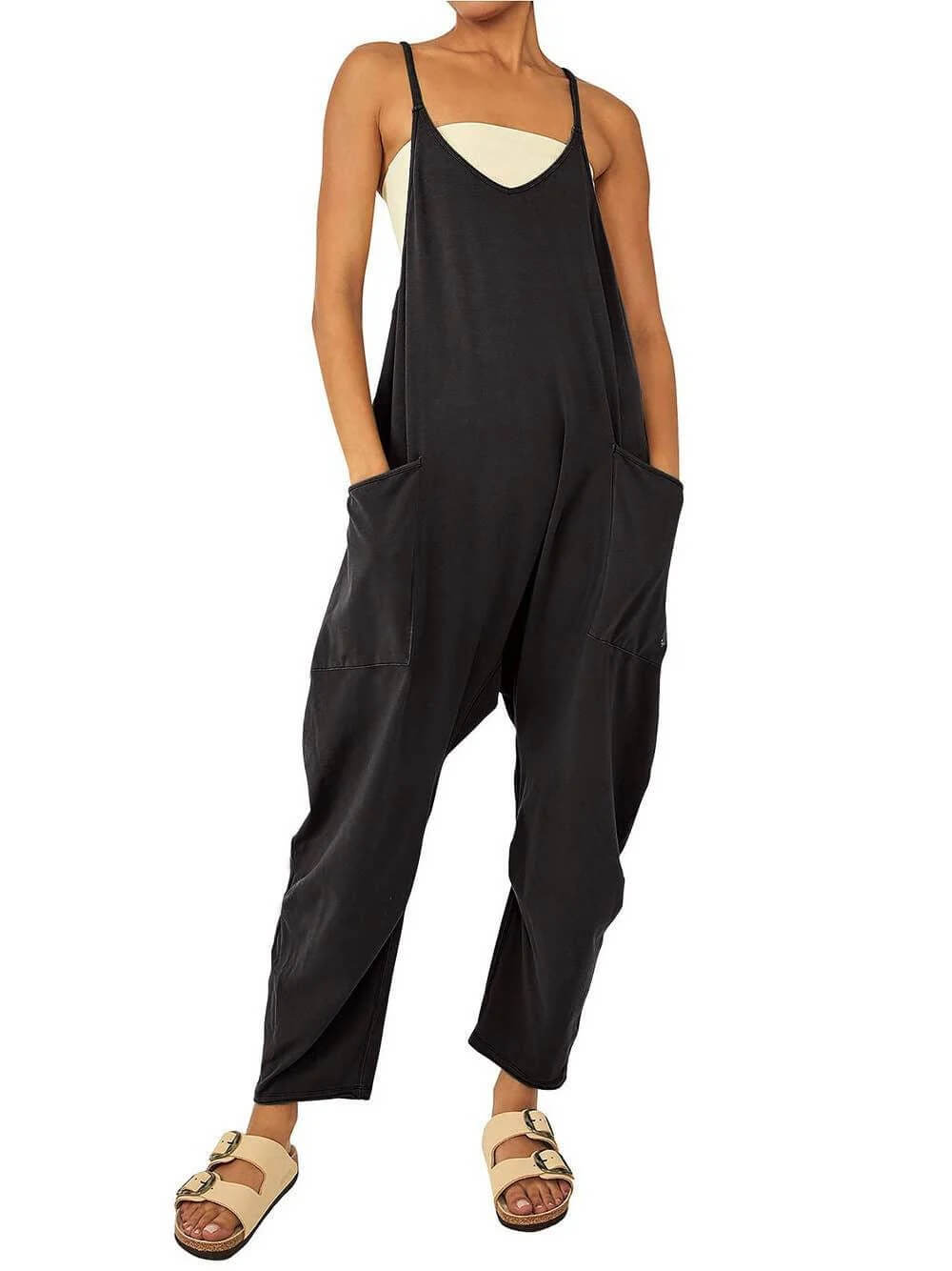 String Shoulder Loose Pocket Jumpsuit