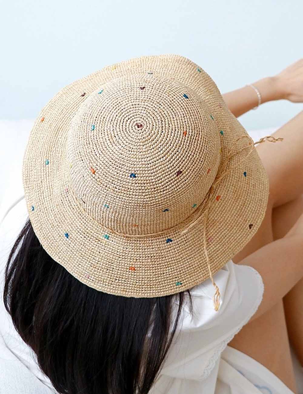 Simple Colorful Dots Raffia Straw Bucket Hat