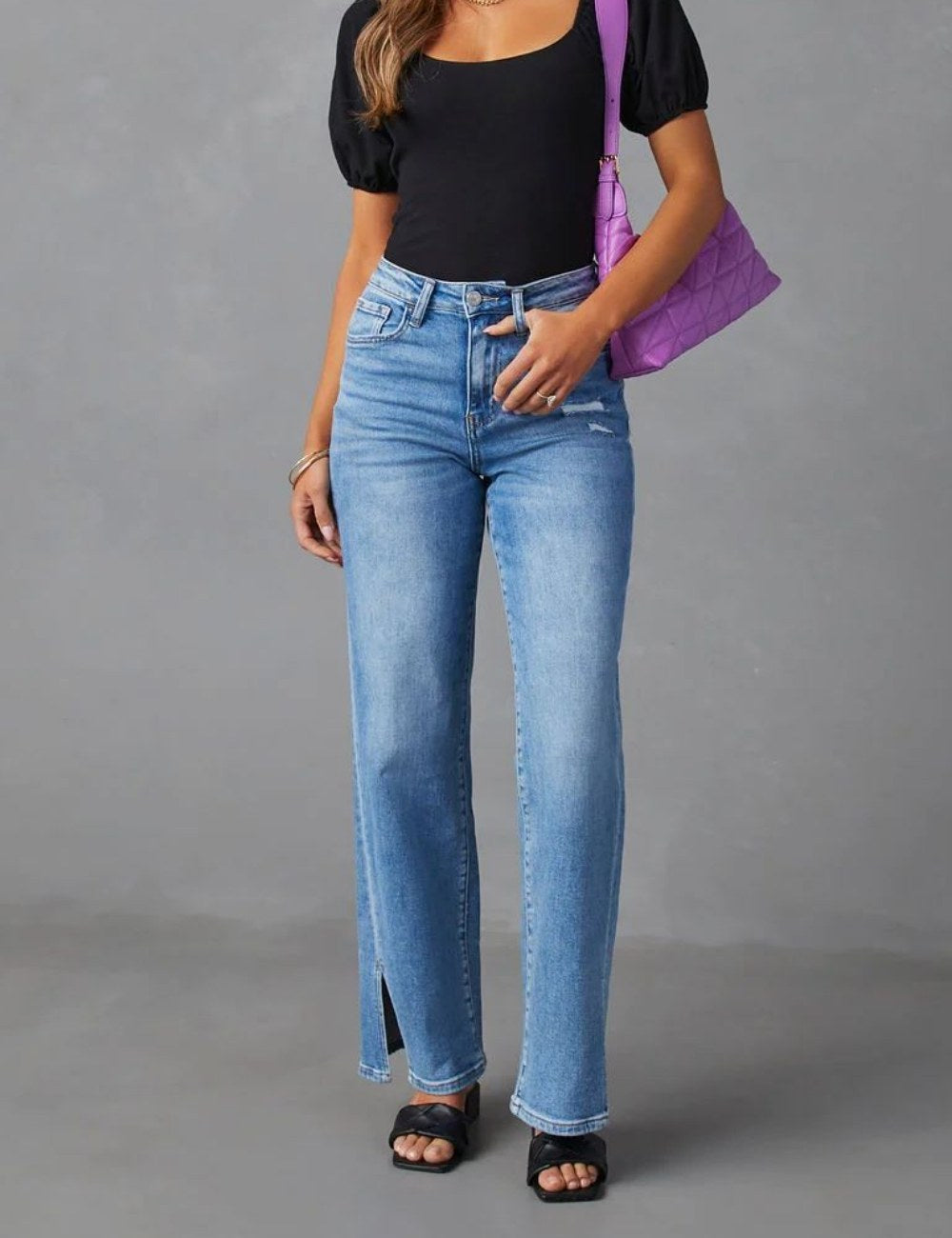 Straight Leg Denim Jeans High Waist Split Jeans