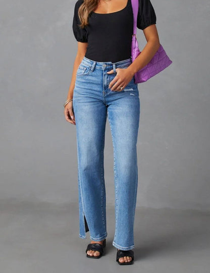 Straight Leg Denim Jeans High Waist Split Jeans
