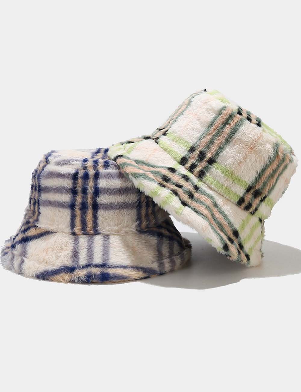 Plaid Fuzzy Casual Outdoor Winter Bucket Hat