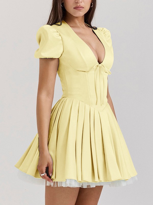 Puffy Sleeves V-Neck A Line Mini Dress