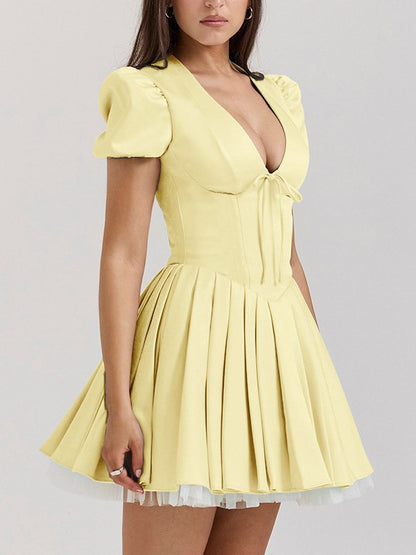 Puffy Sleeves V-Neck A Line Mini Dress