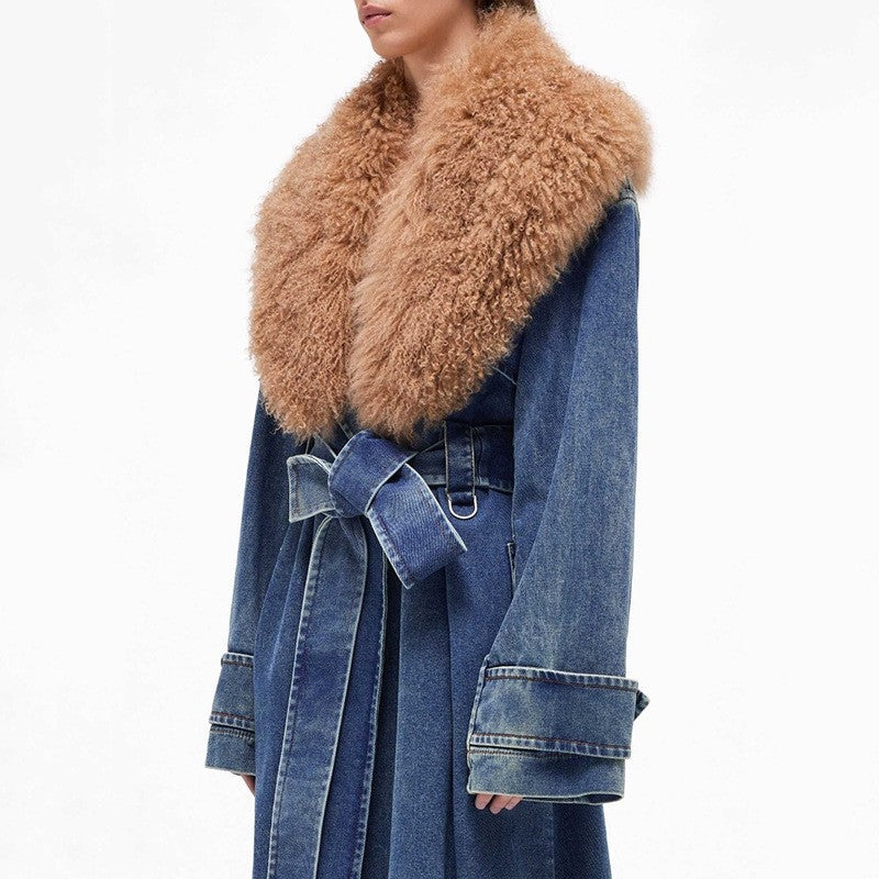 Detachable Fur Collar Long Denim Coat