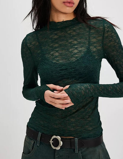 Solid Color Lace See Through Slim Tops