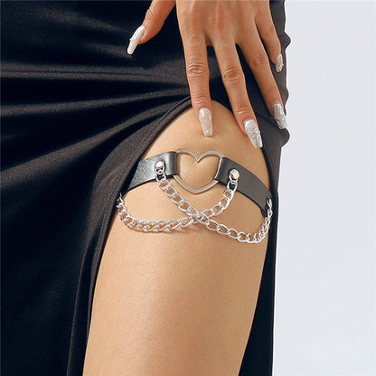 Leather Heart Rivet Chain Leg Strap